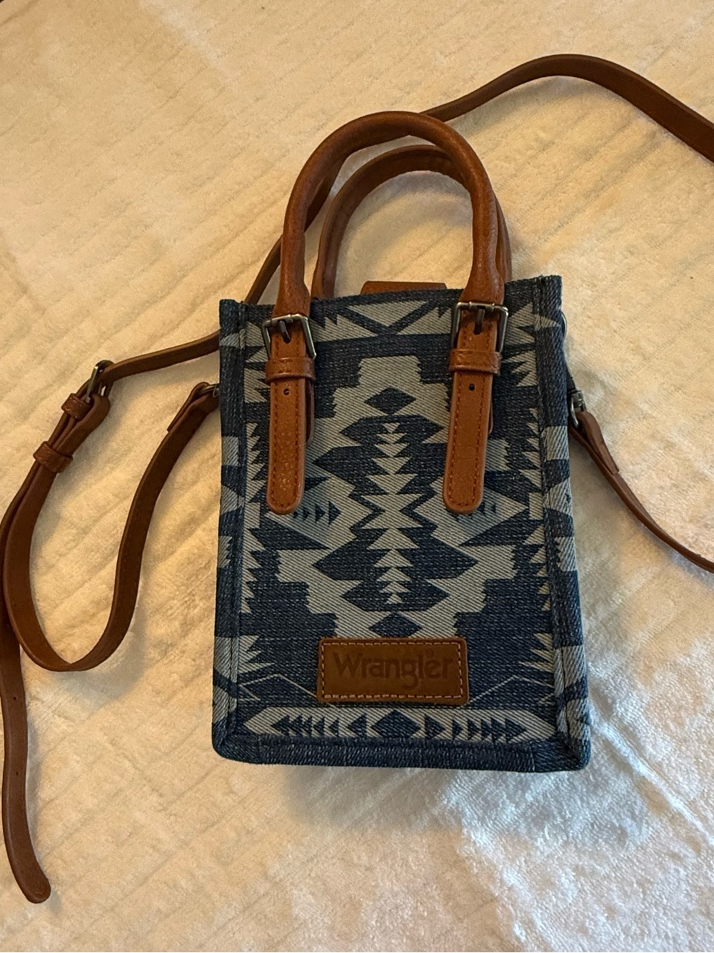 Wrangler Blue Aztec Crossbody with Tan Leather Straps